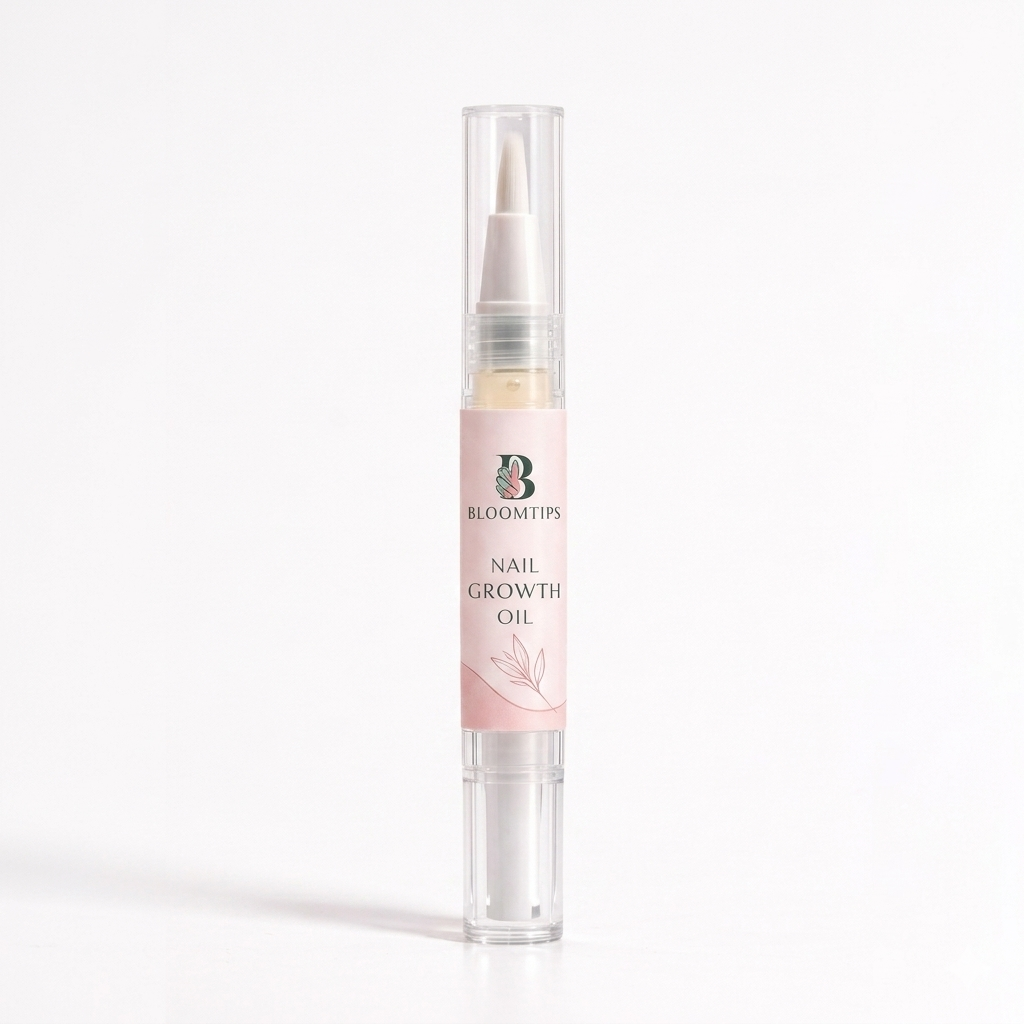 Bloom Tips Nail Growth Oil Pen showing a sleek black pen with a clear cap, designed for strengthening nails and cuticles.